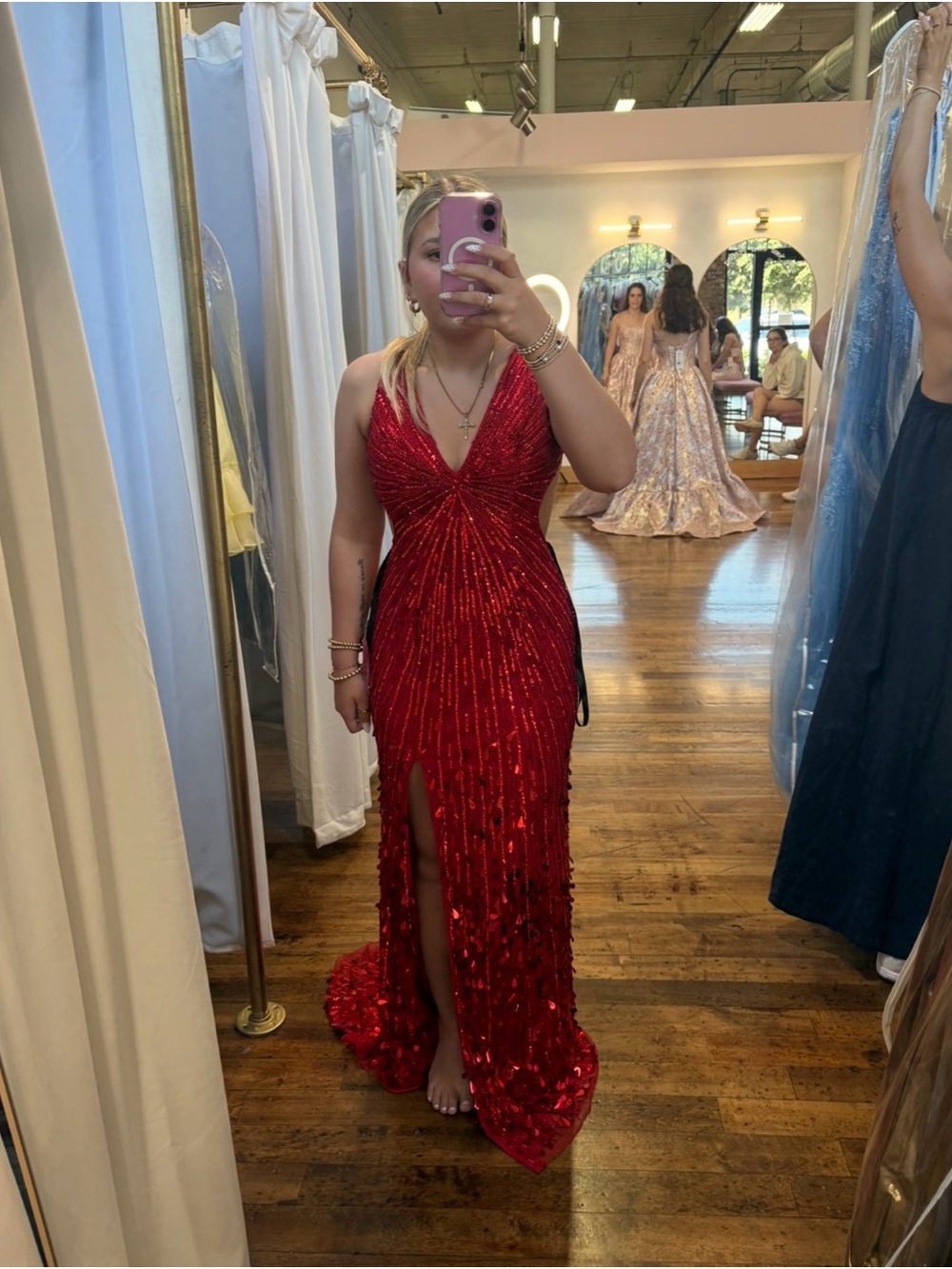 Red Sequin V-Neck Prom Gown with Front Slit